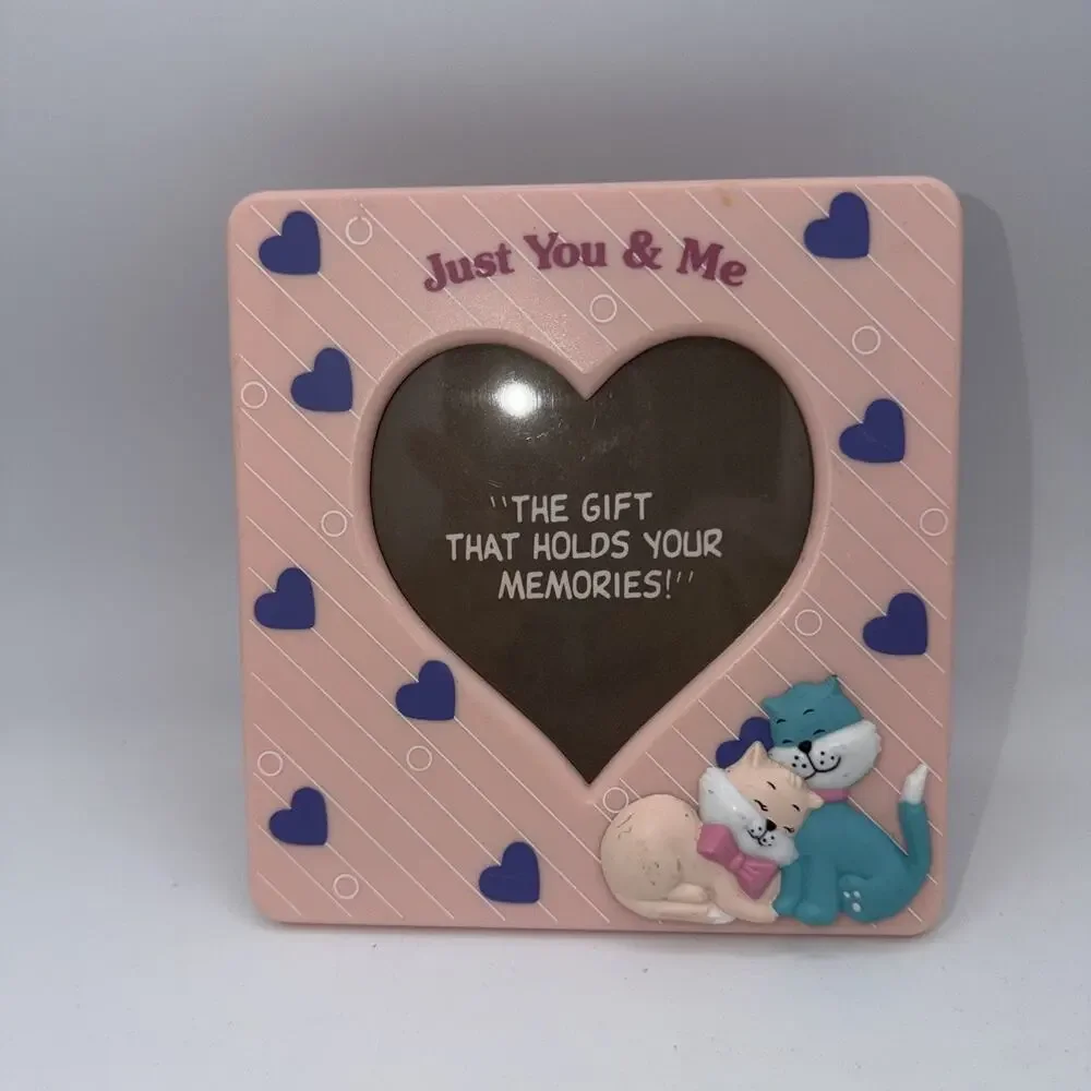 Vintage 70s Figi Pink Plastic Picture Frame Heart Blue Pink Cat Love Just You Me